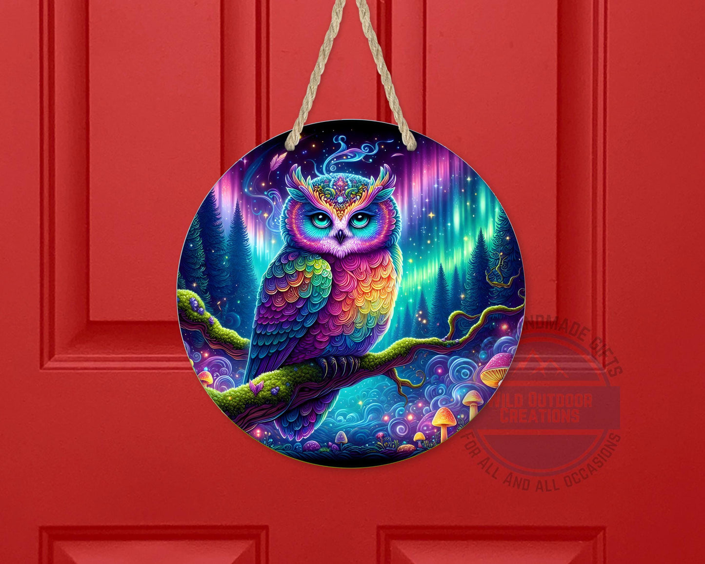 Rainbow Owl Wall Art – Psychedelic Forest Scene | Round Aluminum Sign With Fade Resistant Print - alternate view
