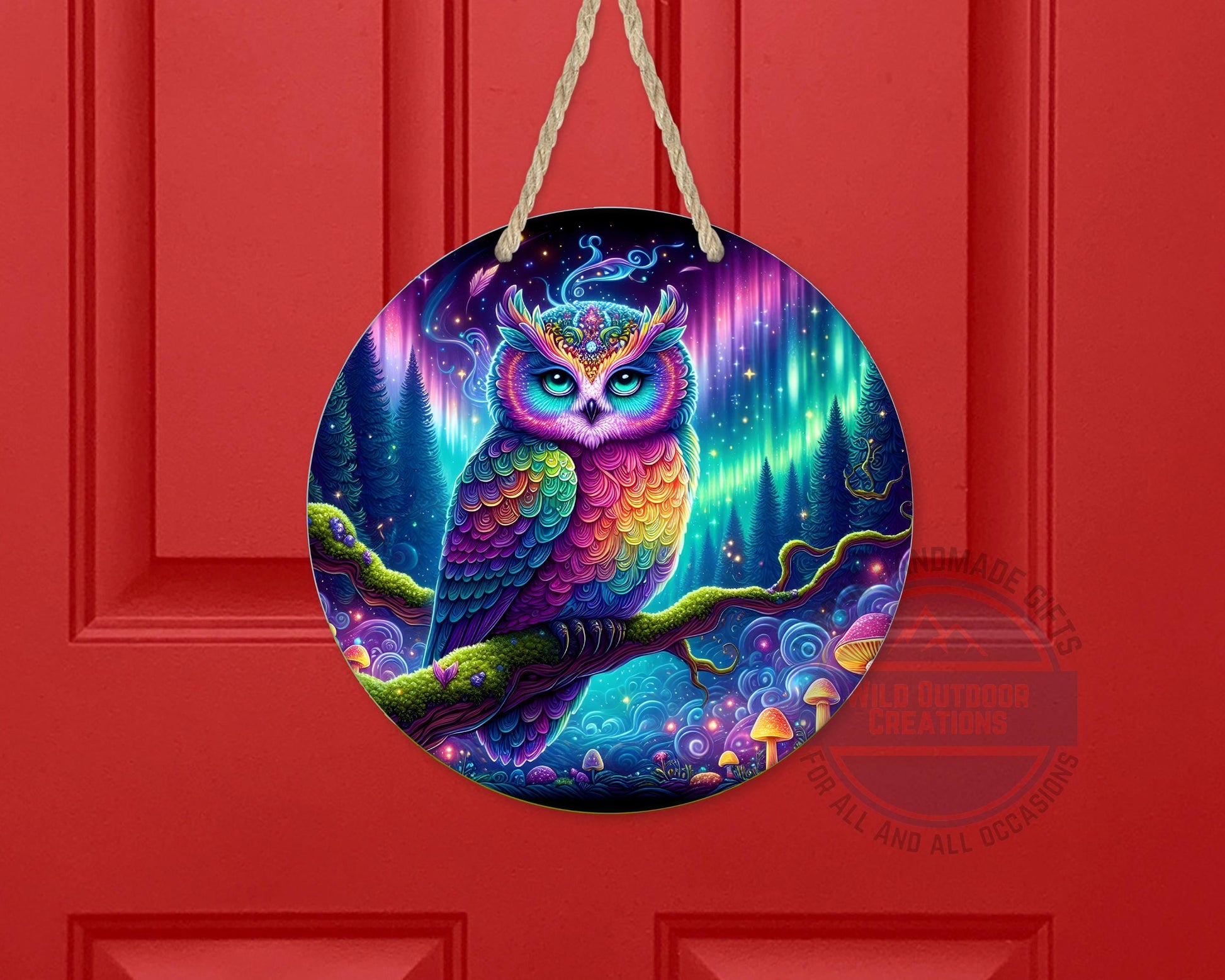 Rainbow Owl Wall Art – Psychedelic Forest Scene | Round Aluminum Sign With Fade Resistant Print - alternate view