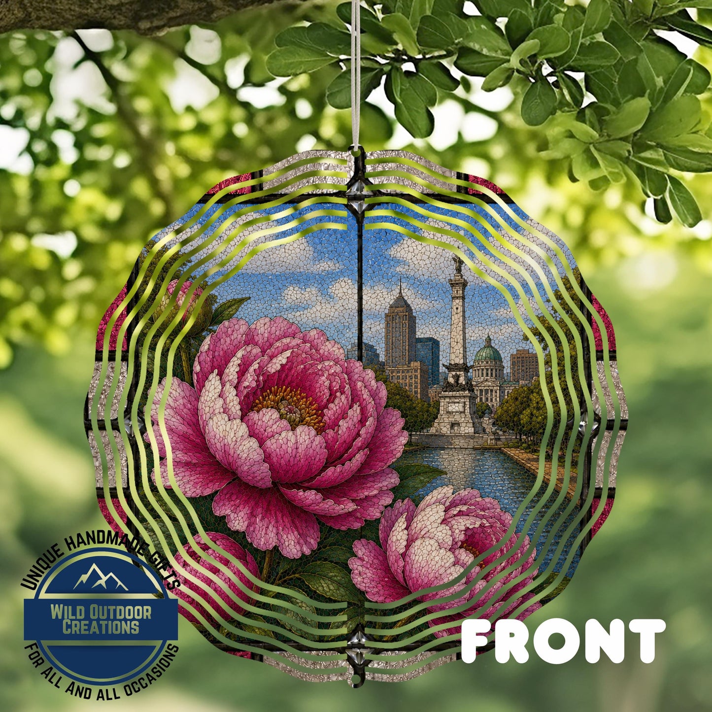 Peony Wind Spinner - Indiana State Flower Aluminum Garden Decor with Cityscape Art