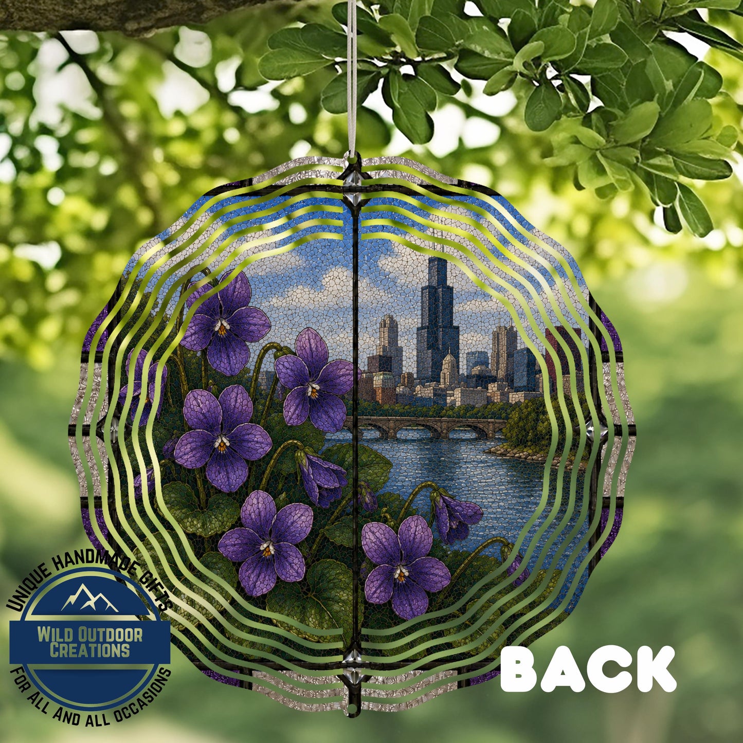Violet Wind Spinner - Illinois State Flower Aluminum Garden Spinner with Chicago Skyline