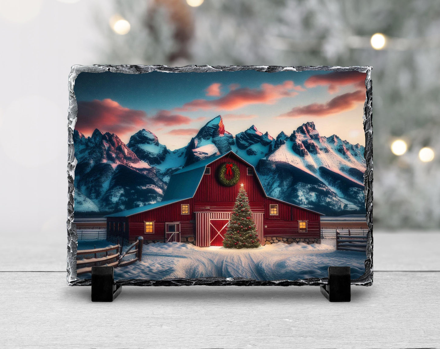 Christmas Slate Sign with Red Barn  Mountain Scene - Fractured Edge Holiday Décor Gift