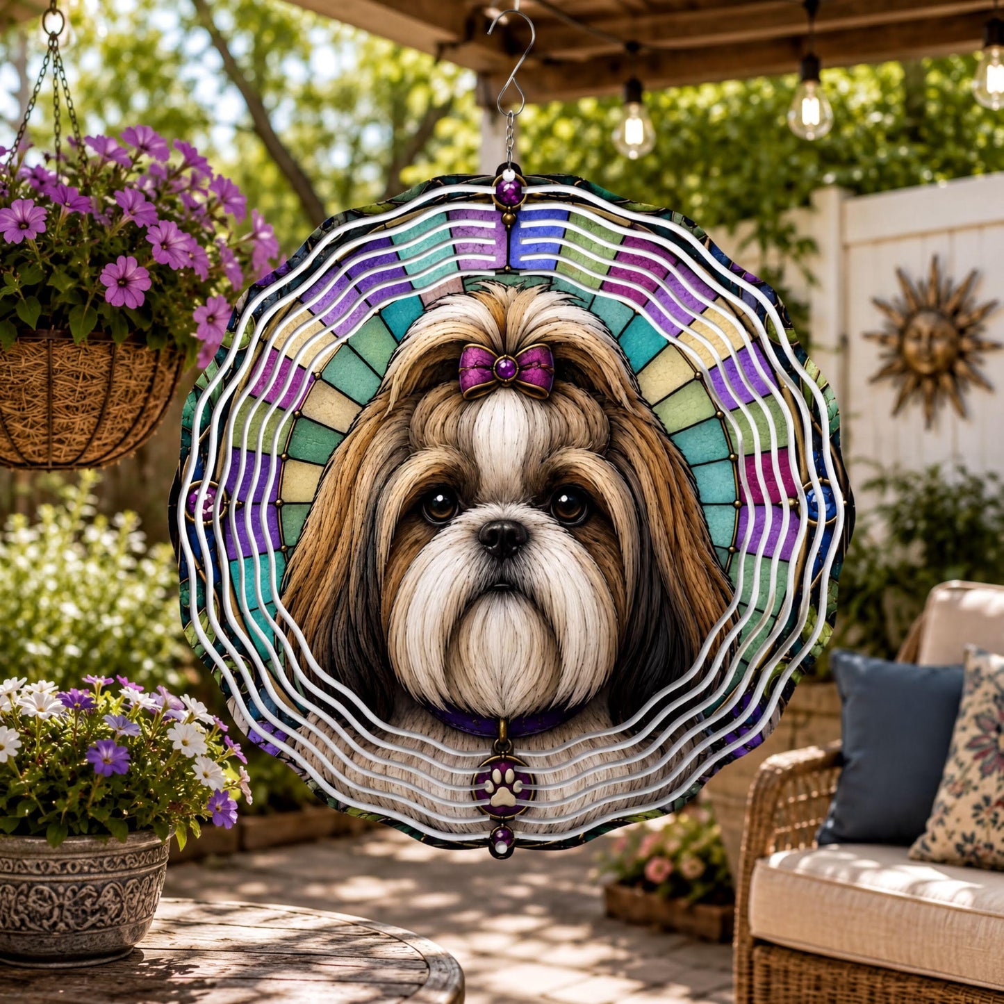 Shih Tzu Wind Spinner Faux Stained Glass Dog Garden Decor Aluminum Hanging Gift