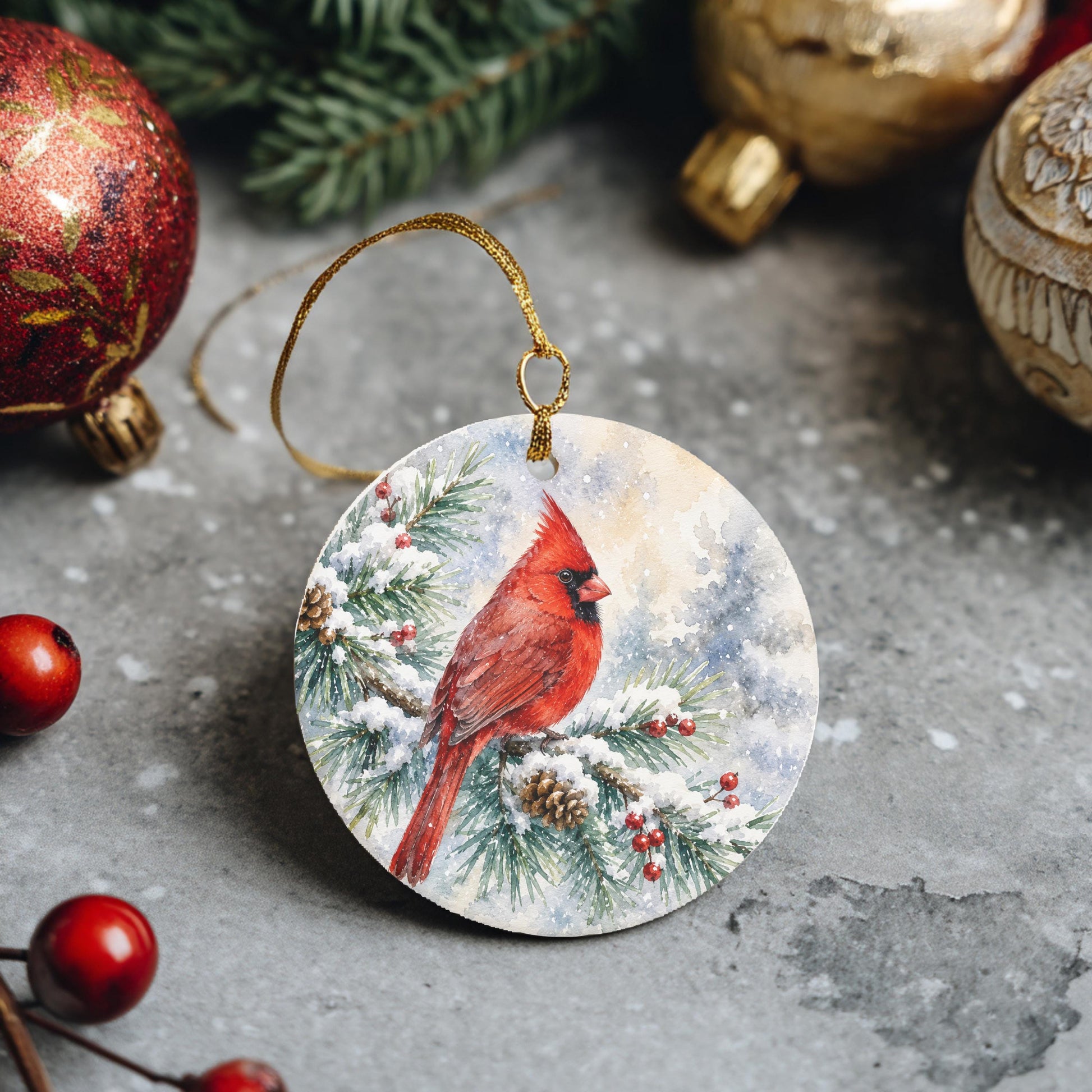 A round ornament featuring a red cardinal bird perched on a snowy branch, surrounded by pine branches and red berries, is displayed on a gray surface.