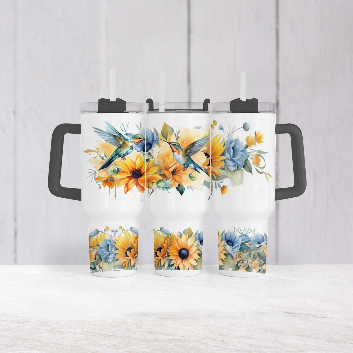 40 Oz Tumbler, Hummingbird Sunflower Blue Floral Cup With Handle