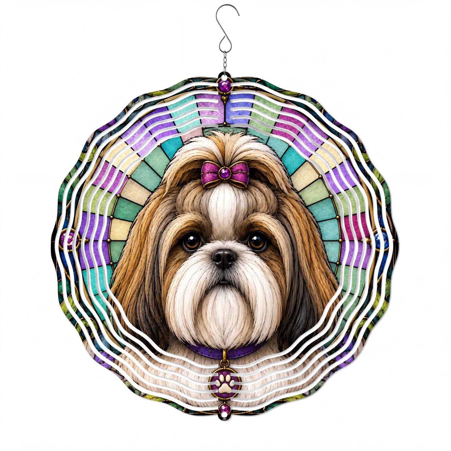 Shih Tzu Wind Spinner Faux Stained Glass Dog Garden Decor Aluminum Hanging Gift