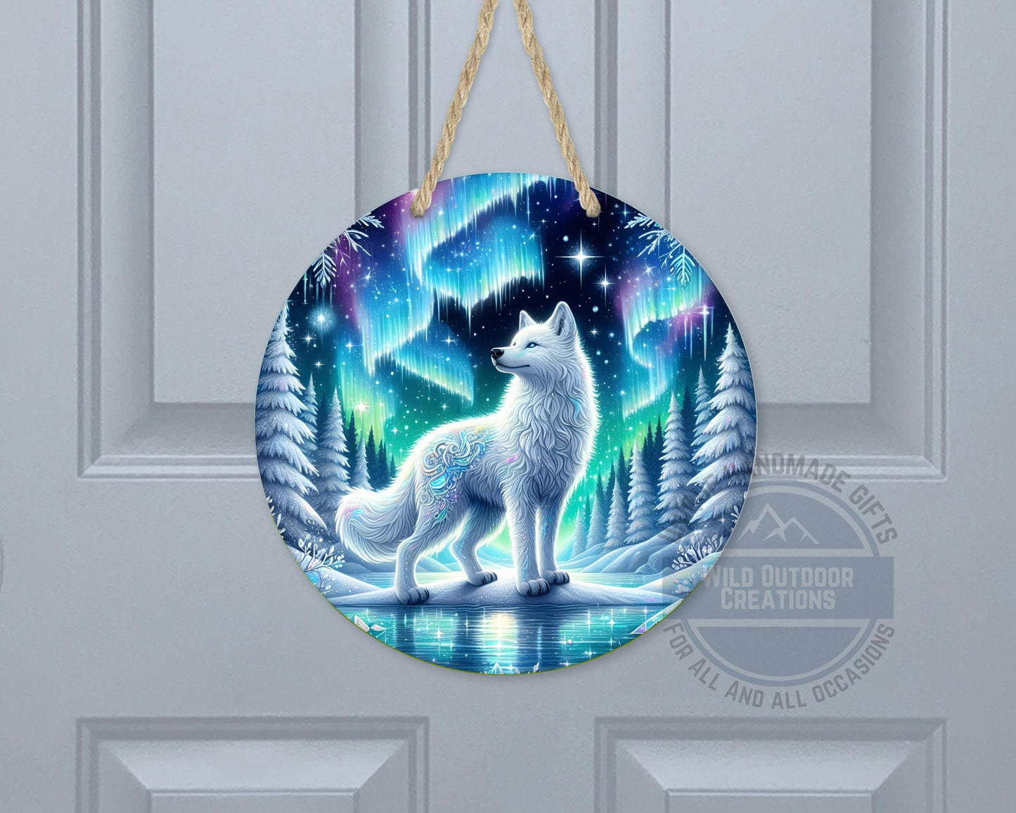 Wolf Door Hanger - Northern Lights Art | Rustic Cabin Sign, Outdoor Decor - gift presentation view