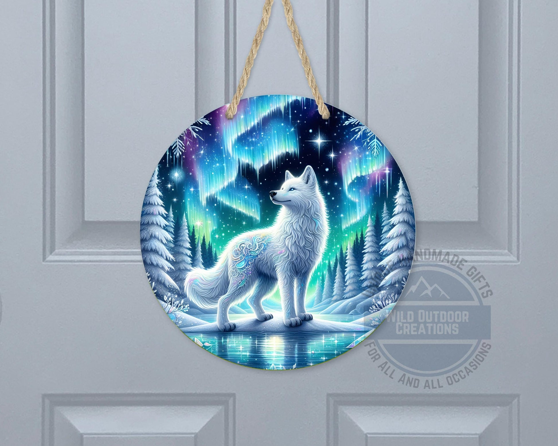 Wolf Door Hanger - Northern Lights Art | Rustic Cabin Sign, Outdoor Decor - gift presentation view
