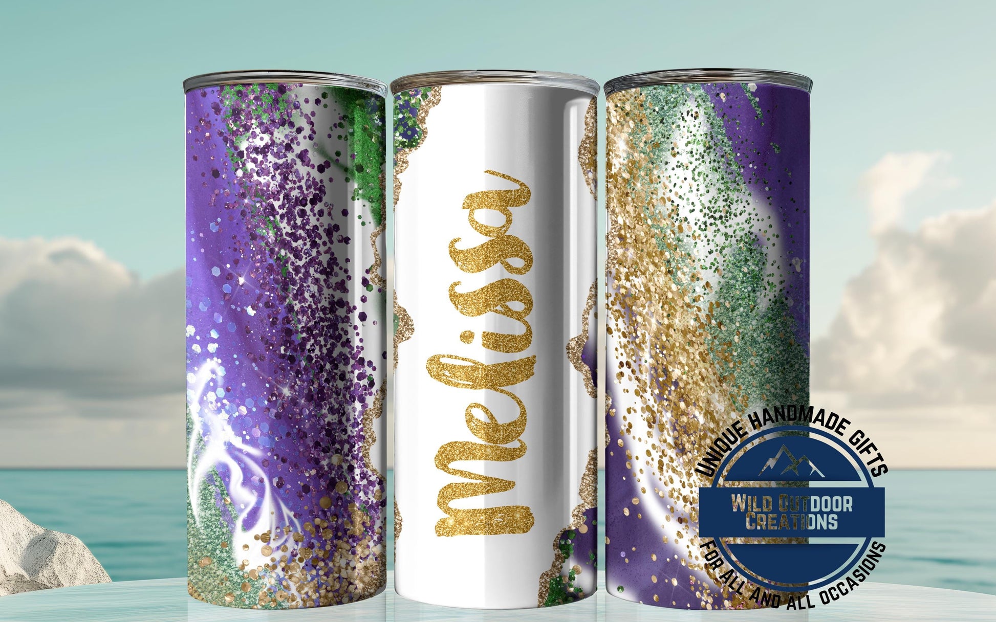 Mardi Gras Tumbler - Custom Skinny Stainless Steel Faux Glitter Cup | 20oz & 30oz Insulated - detail view of print design