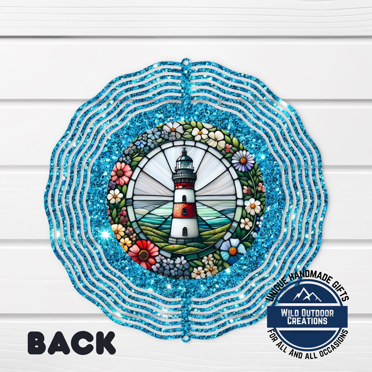 Coastal Lighthouse Wind Spinner – Aluminum Outdoor Garden Decor with Blue Glitter - close-up detail of design