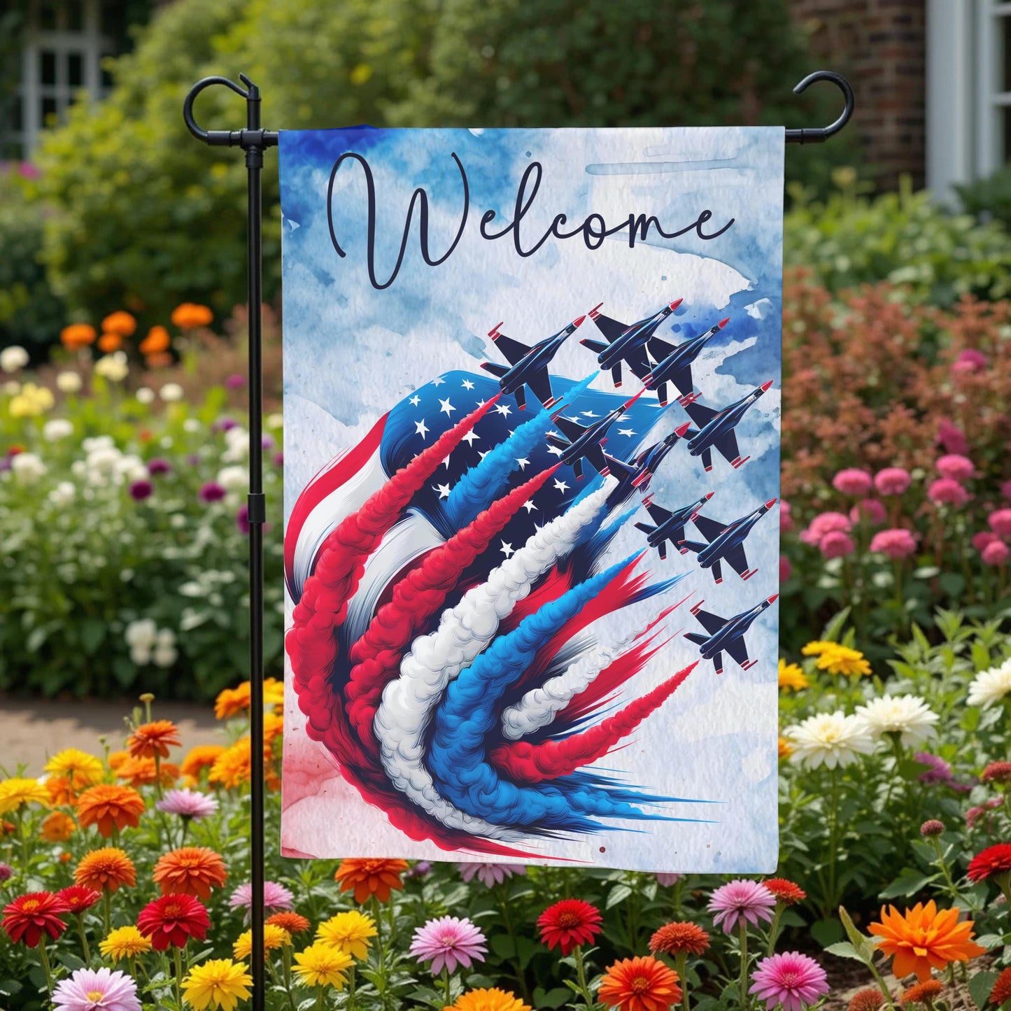 Patriotic Garden Flag - Double Sided 12x18 Red White Blue Fighter Jet Design - front and back