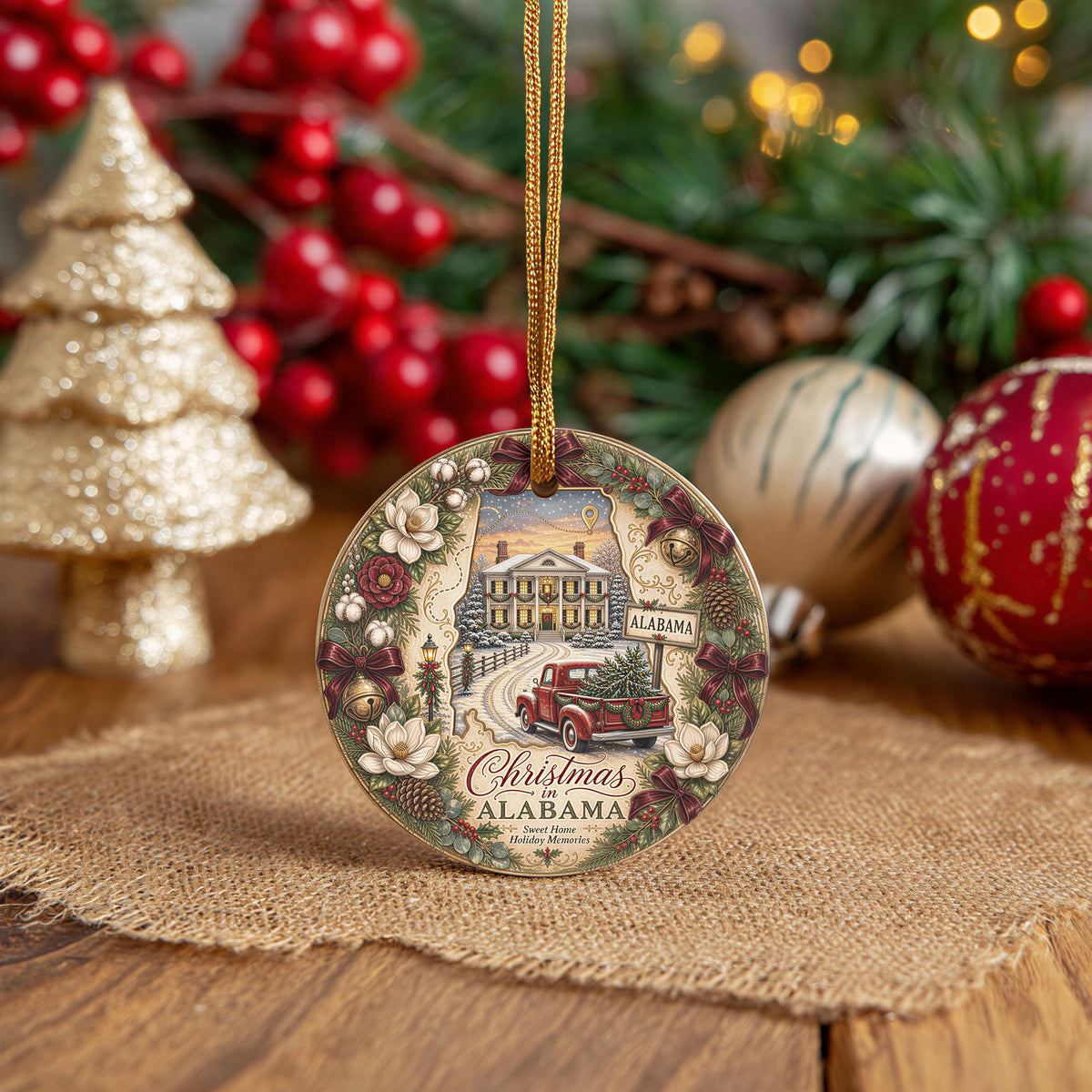 Alabama Christmas Ornament, Vintage Red Truck, Mansion Scene | Ceramic 3 Inch Double-Sided