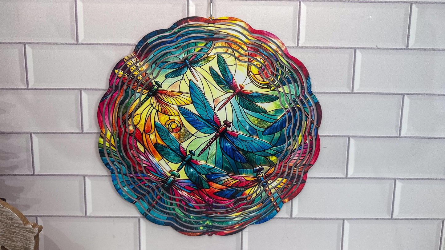 Dragonfly Garden Spinner Faux Stained Glass, UV Protected, 10X10