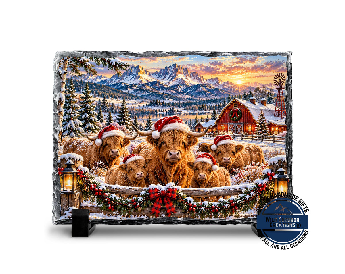 Highland Cow Decor, Christmas Slate Plaque, Santa Hat Cow Family
