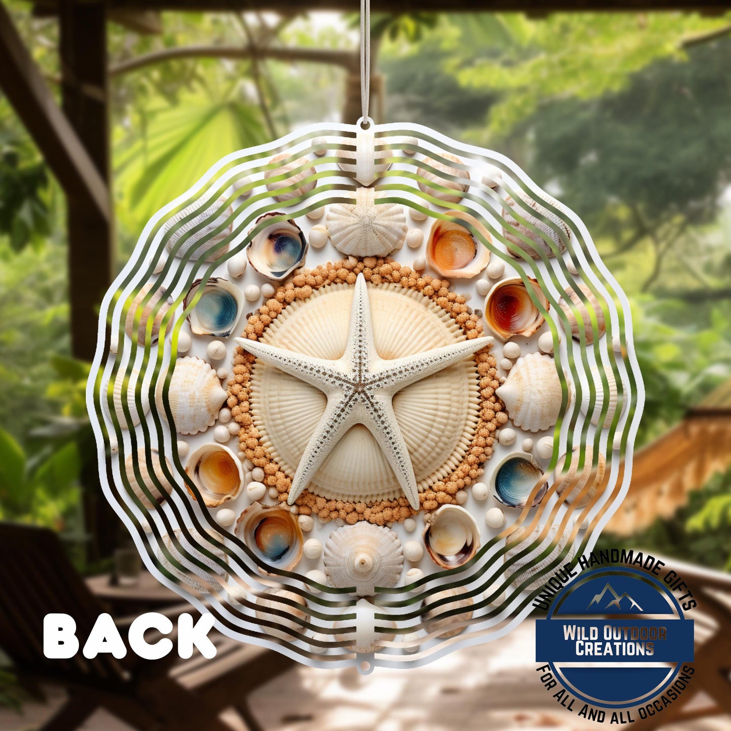 Coastal Seashell Wind Spinner - Aluminum Beach Nautical Yard Art, 10 Inch - product dimensions and specifications