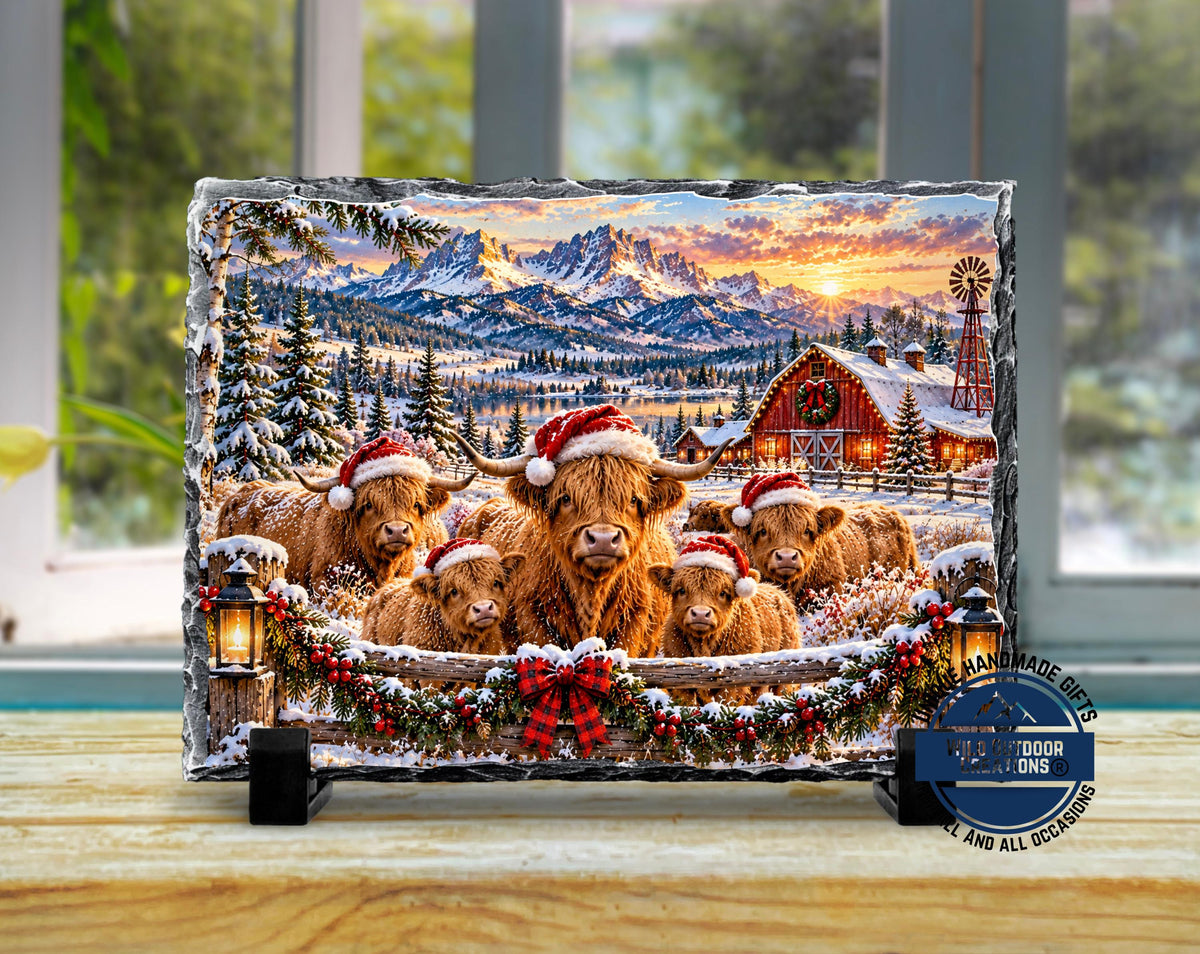 Highland Cow Decor, Christmas Slate Plaque, Santa Hat Cow Family