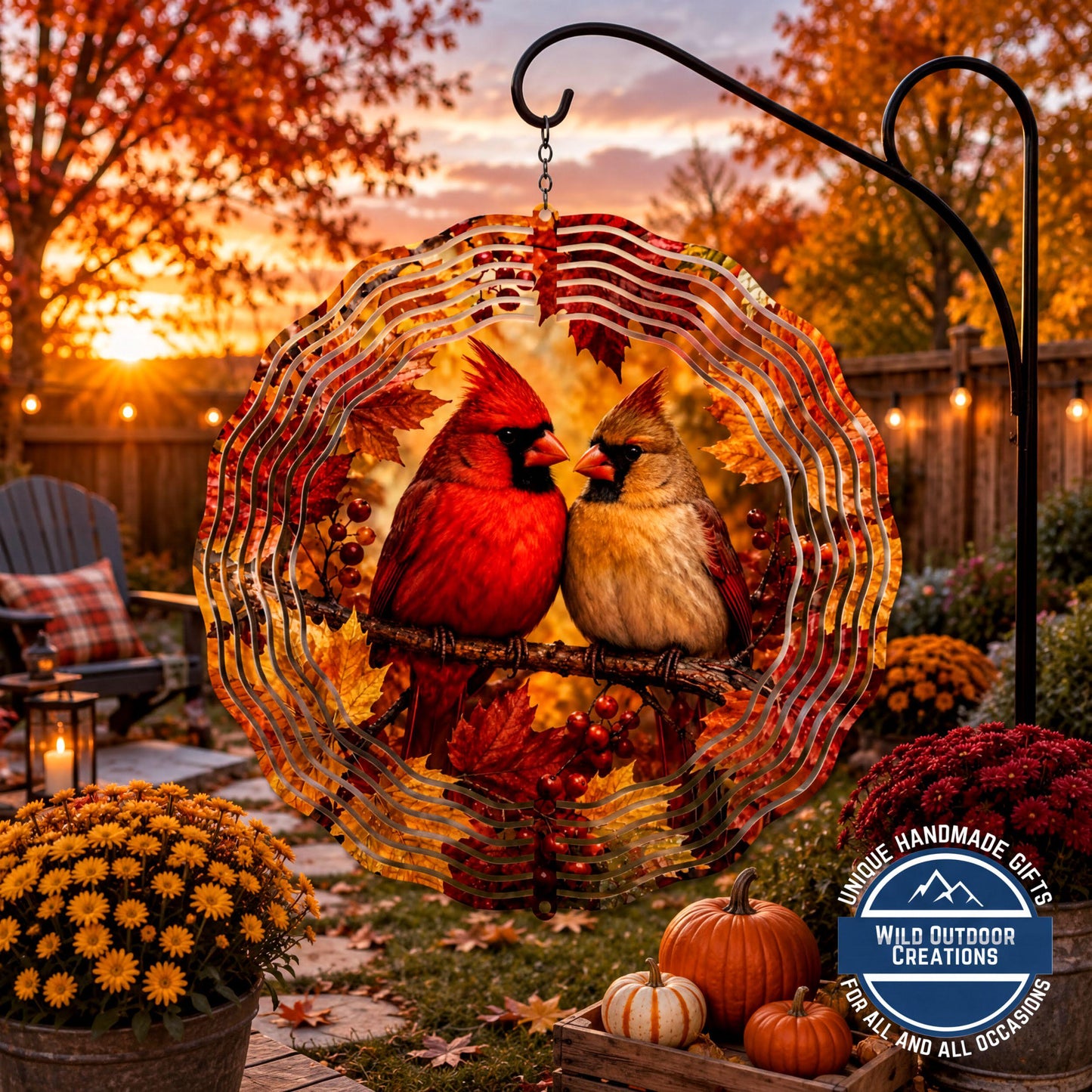 Cardinal Pair Wind Spinner Fall Leaves Red Bird Garden Memorial Decor