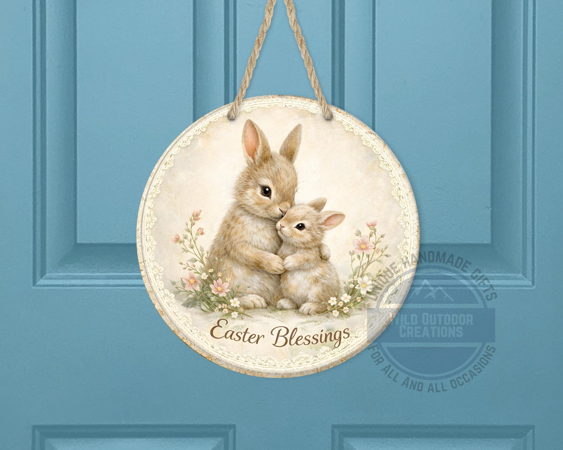 Spring Bunny Door Hanger – Floral Easter Sign | 10" Round Aluminum Decor - packaging and presentation