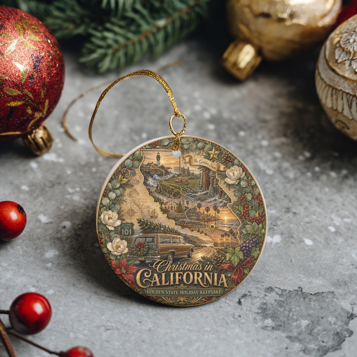 California Christmas Ornament, Vintage Wagon Ceramic Keepsake