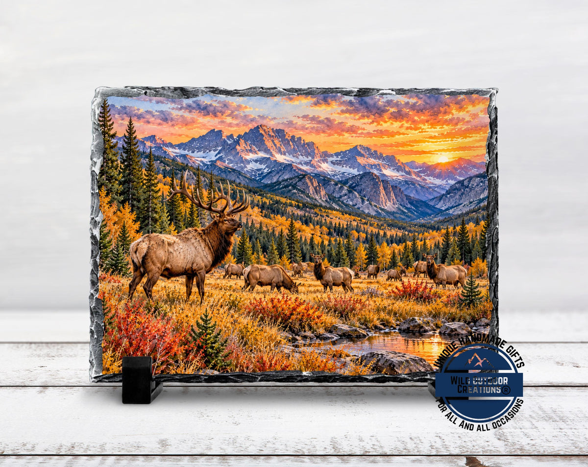 Elk Herd Slate Plaque, Colorado Mountain Wildlife Art, Rustic Fall Cabin Decor