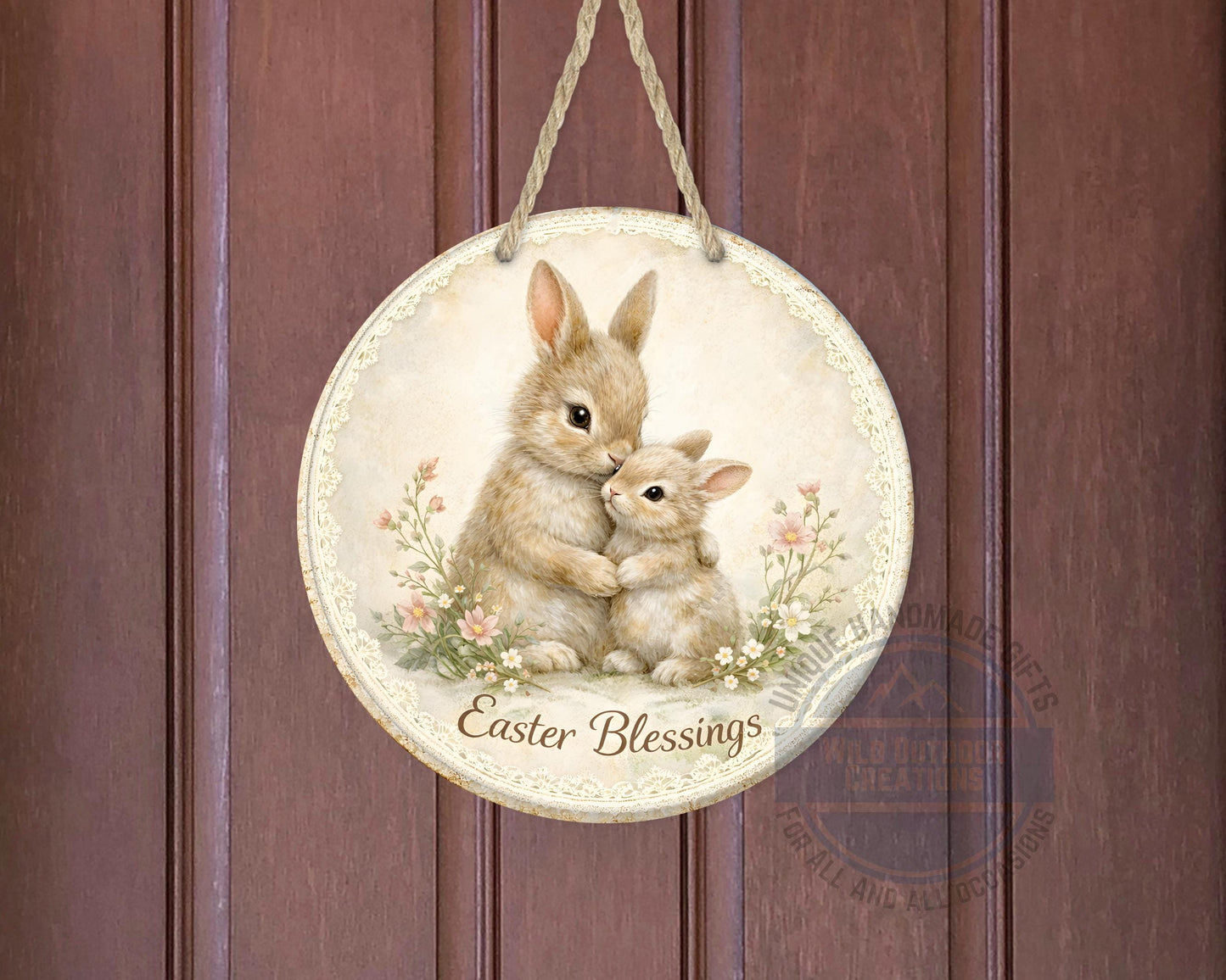 Spring Bunny Door Hanger – Floral Easter Sign | 10" Round Aluminum Decor - additional angle
