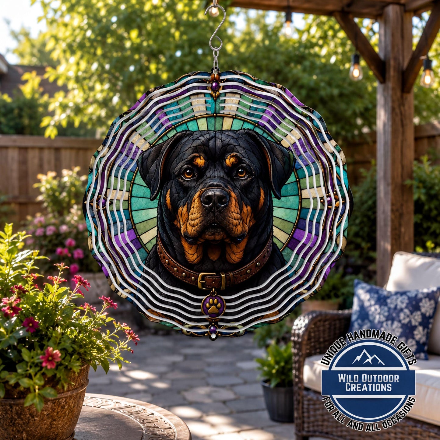 Faux Stained Glass Rottweiler Wind Spinner Dog Lover Gift Garden Outdoor Decor