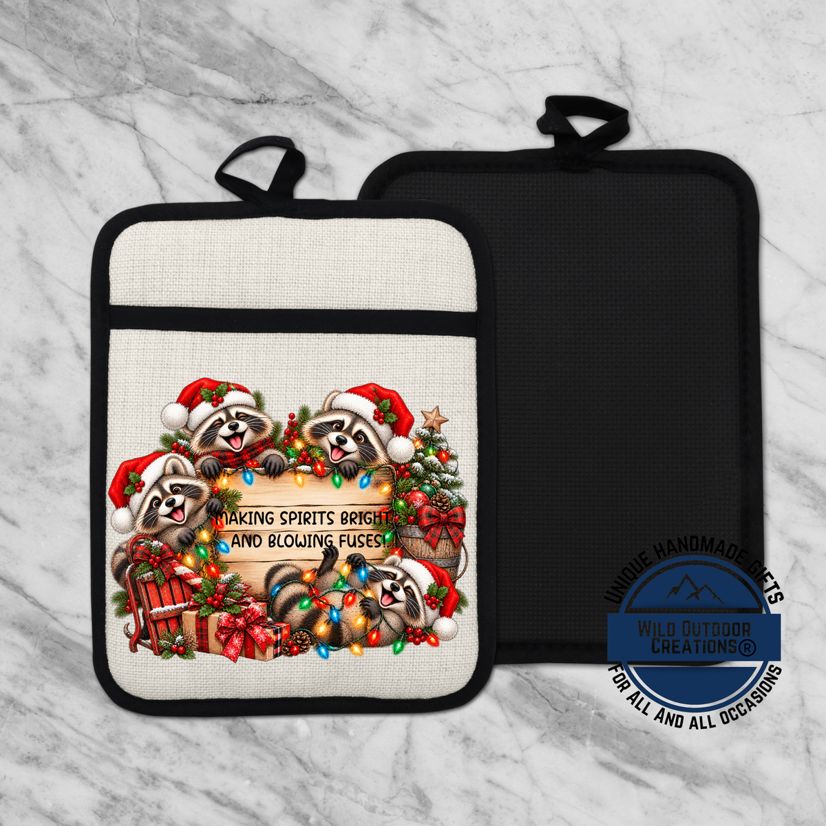 A beige oven mitt with a Christmas-themed design featuring raccoons wearing Santa hats and surrounded by holiday decorations.
