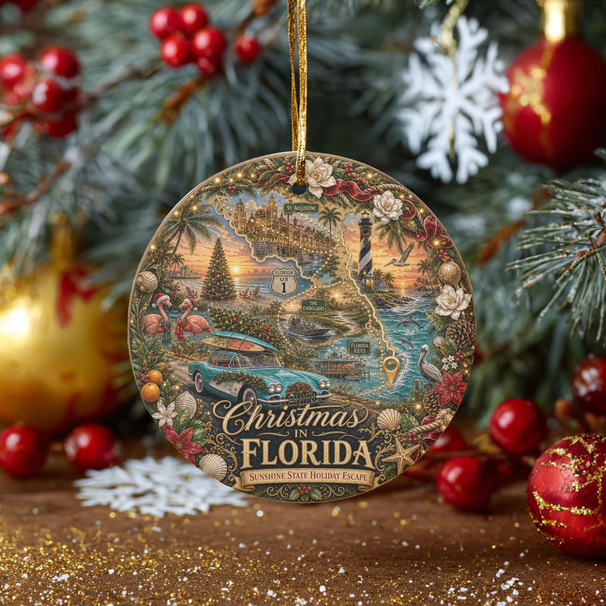 Florida Christmas Ornament, Vintage Ceramic Keepsake | 3 Inch Round