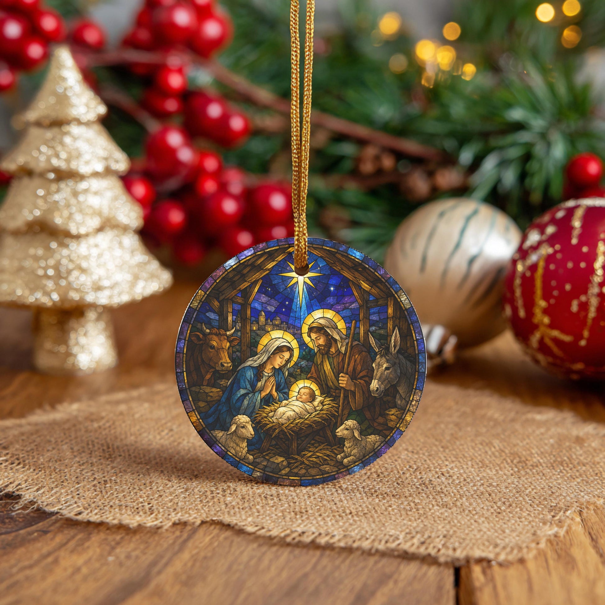 A stained glass ornament depicting the Nativity scene is displayed on a burlap cloth, surrounded by Christmas decorations such as a gold glitter tree, red berries, and ornaments.