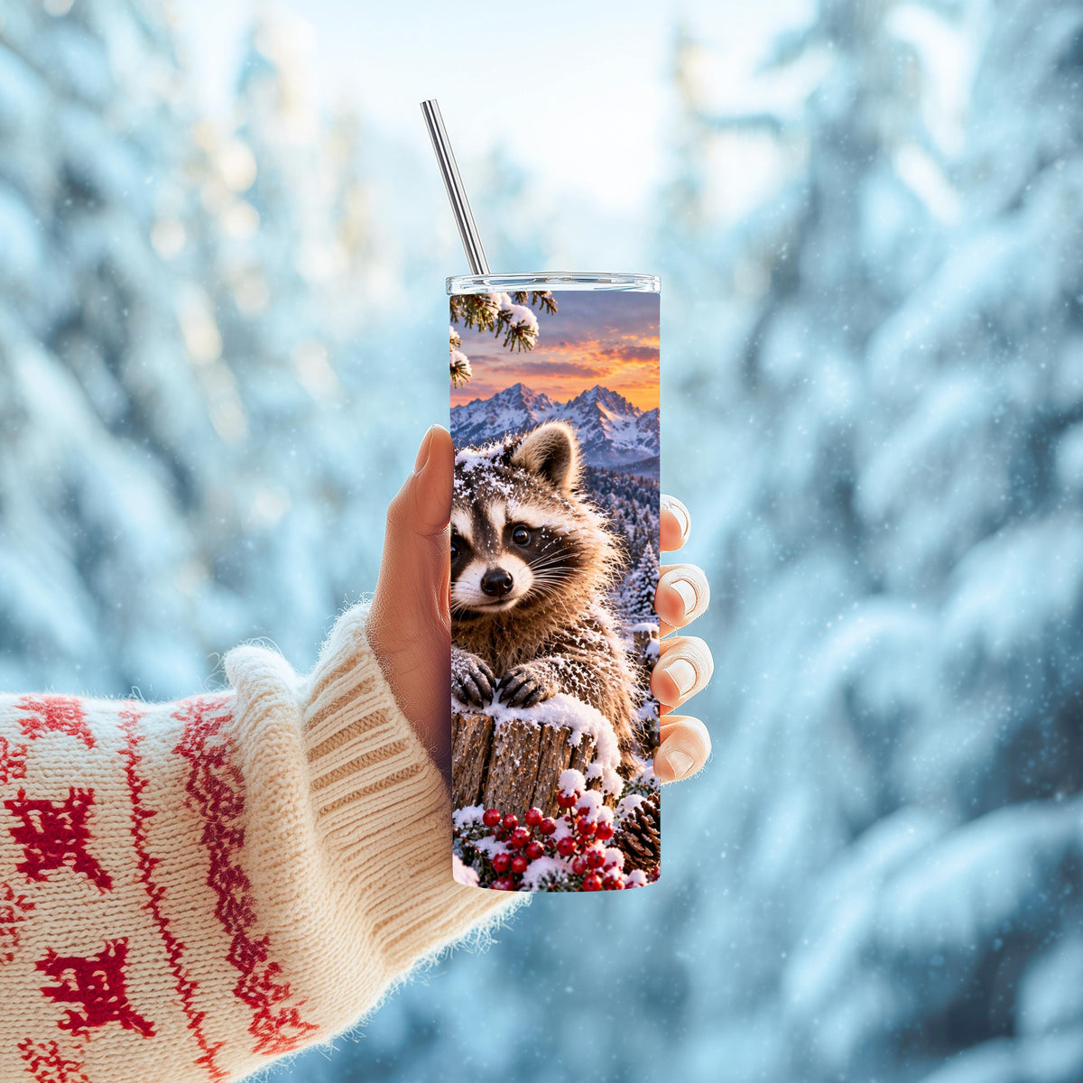 Raccoon Tumbler, 20 Oz Skinny, Snowy Cabin Lantern Holiday Gift