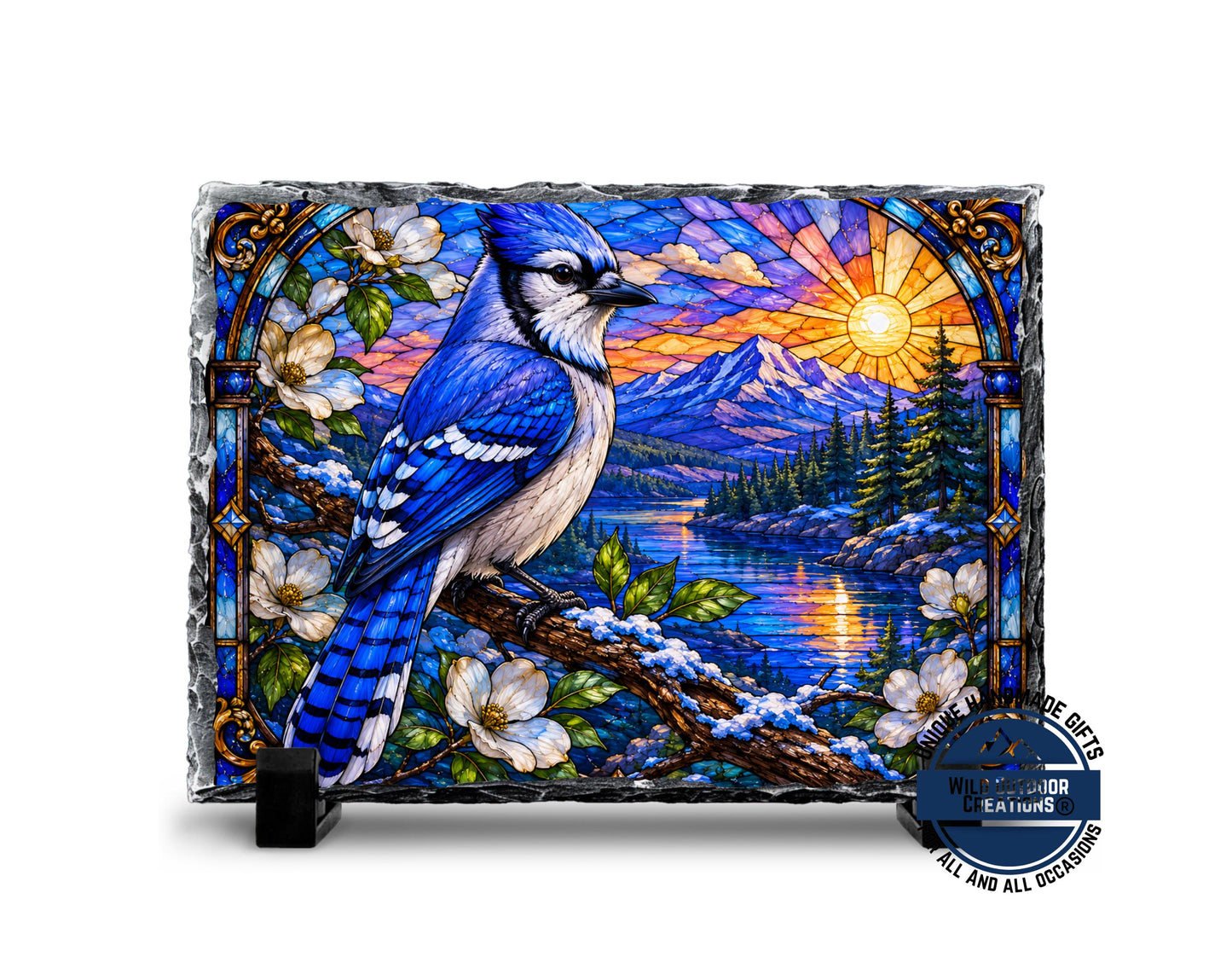 Blue Jay Faux Stained Glass Slate Plaque, Mountain Lake Sunset Bird Decor, Birder Gift