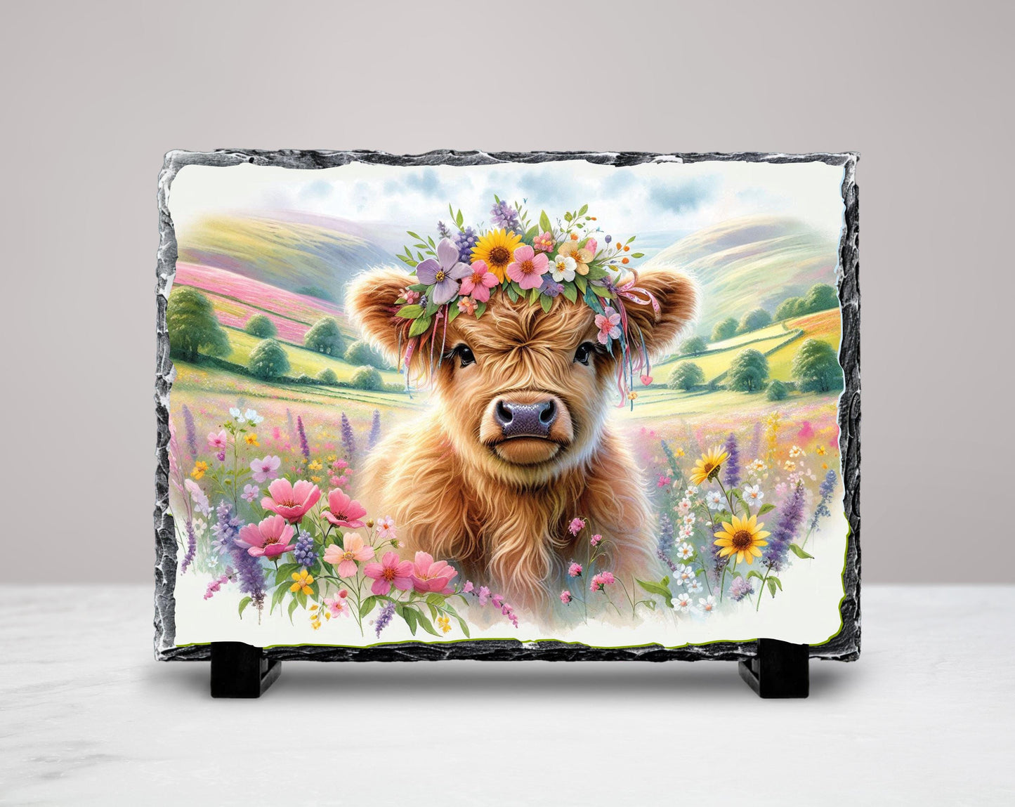 Highland Cow Slate Sign – Rustic Slate Plaque with Baby Calf Floral Headband - detail view
