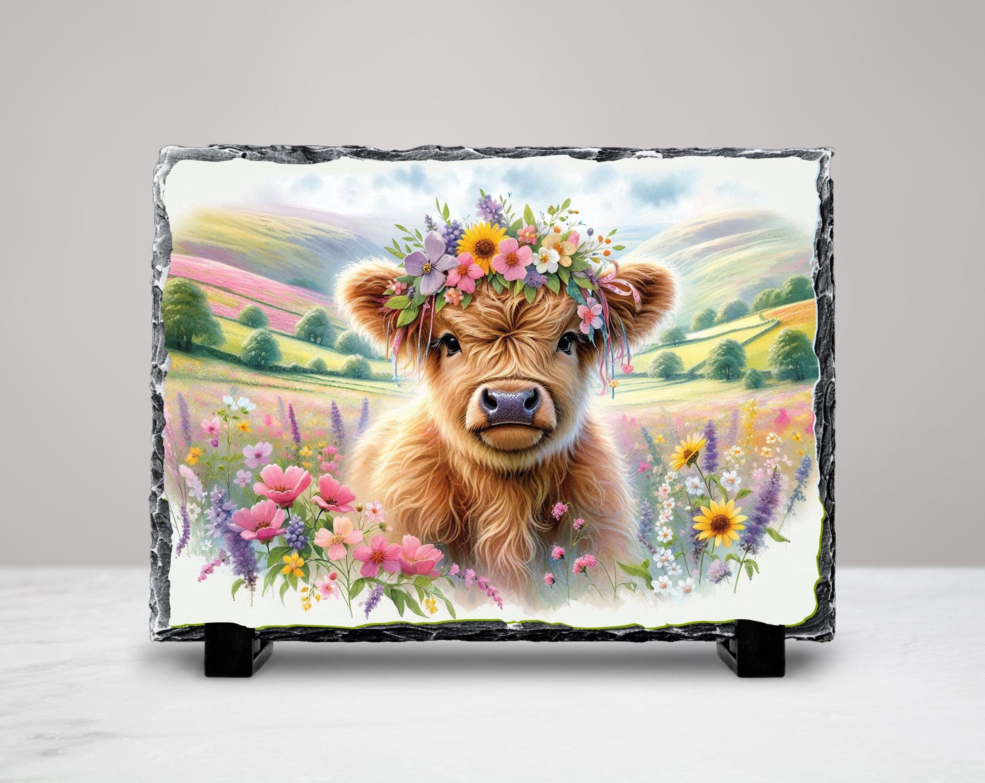 Highland Cow Slate Sign – Rustic Slate Plaque with Baby Calf Floral Headband - detail view