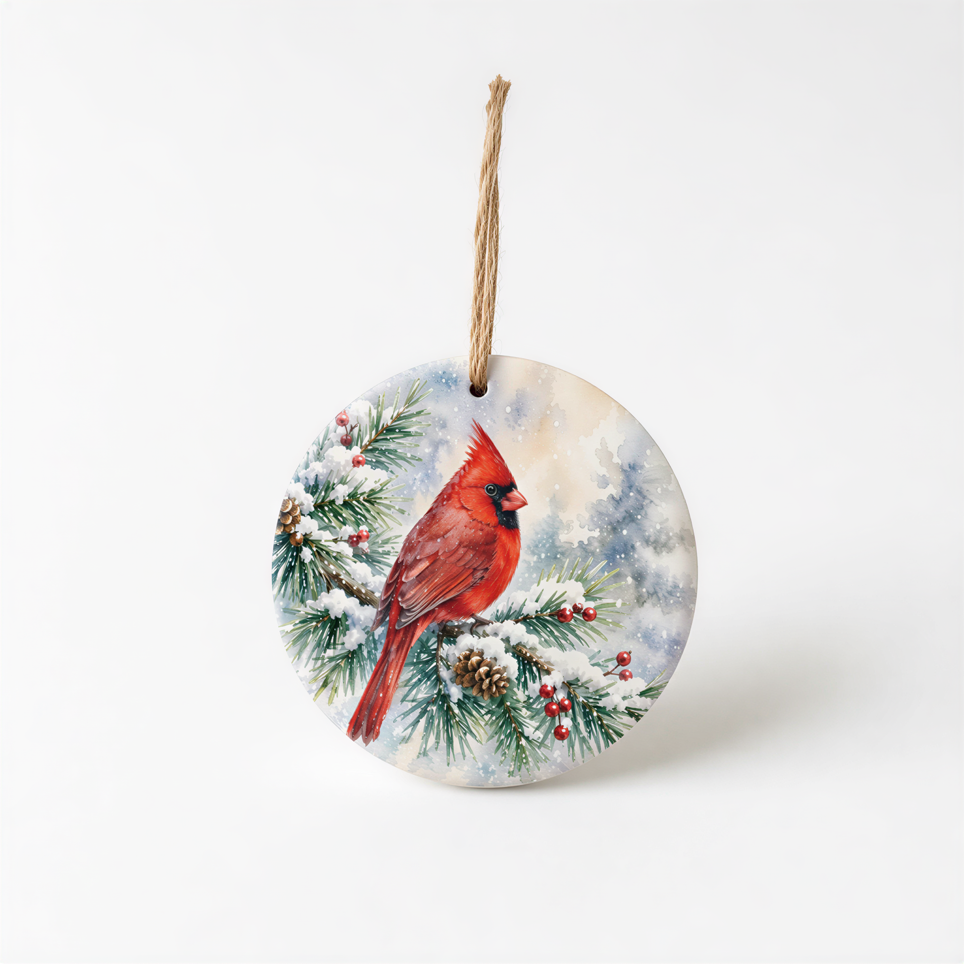 A red cardinal perched on a snow-covered pine branch, with pine cones and berries in the background.