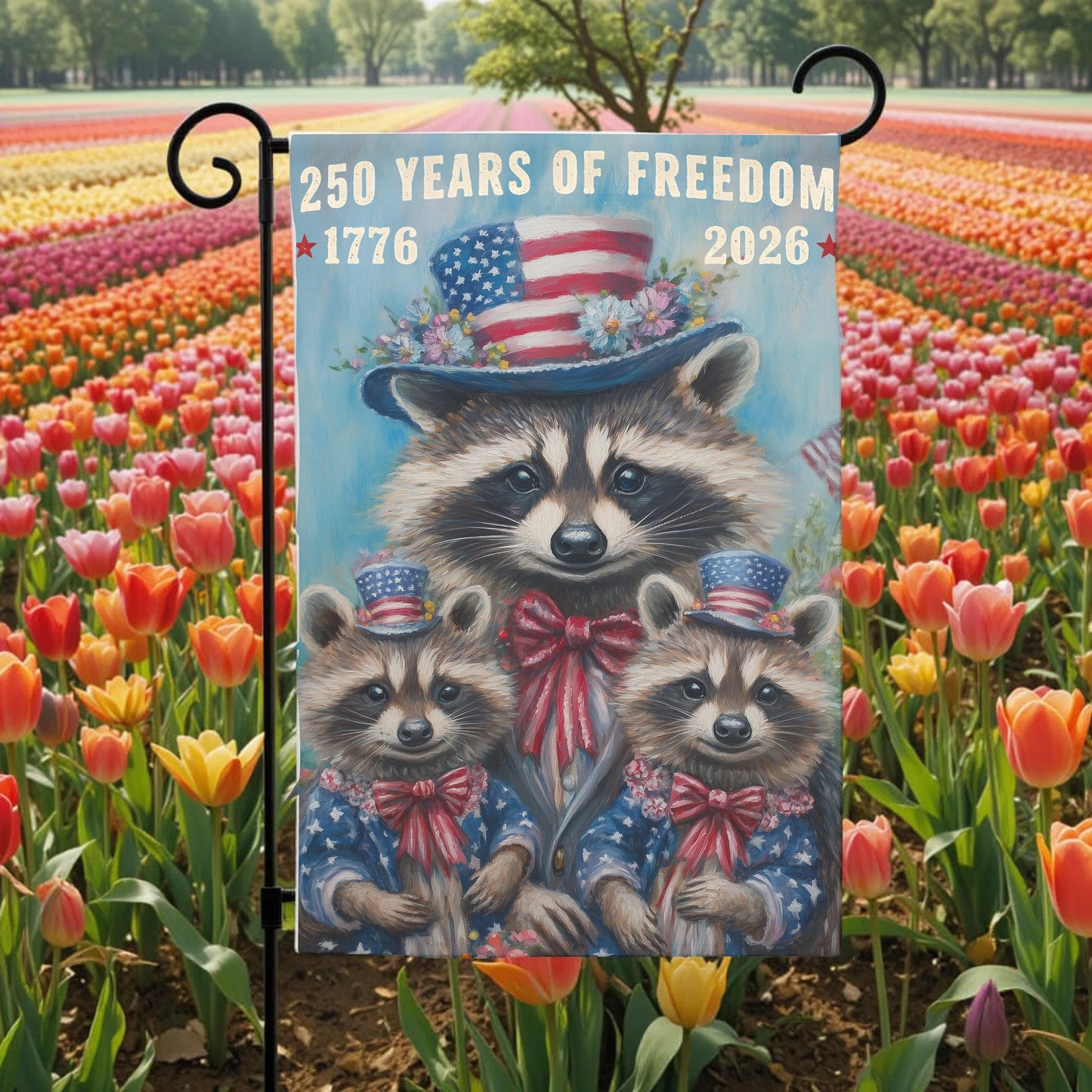 Patriotic Garden Flag - 250 Years Of Freedom Raccoon 12x18 Double Sided Sublimation