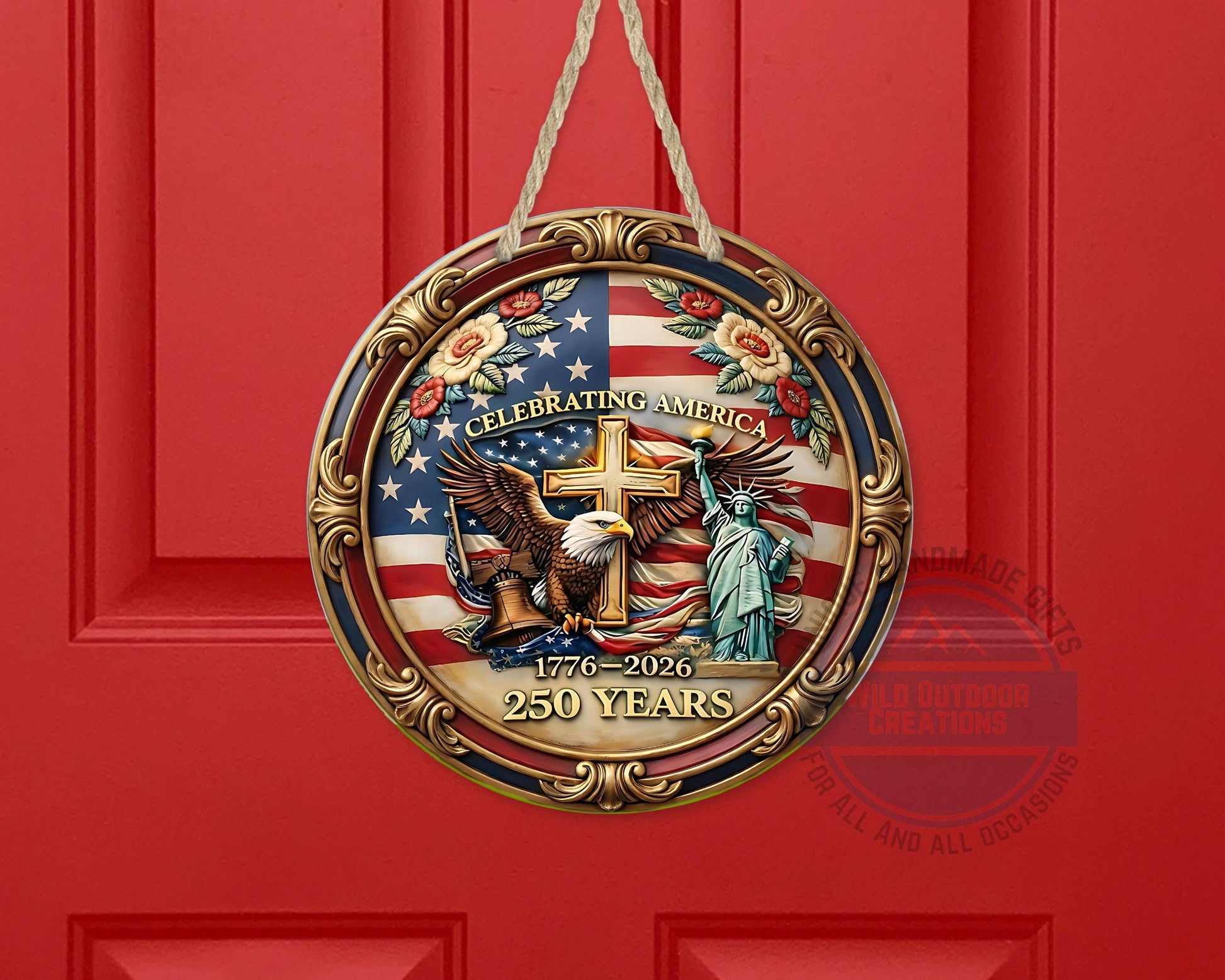 Patriotic Door Hanger - America 250 Decor | Eagle And Flag Aluminum Sign - alternate view