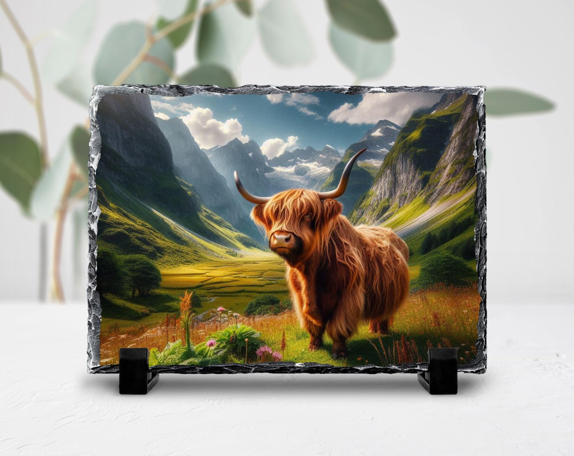 Highland Cow Slate Plaque – Durable Natural Stone Decor with Mountain View - additional angle