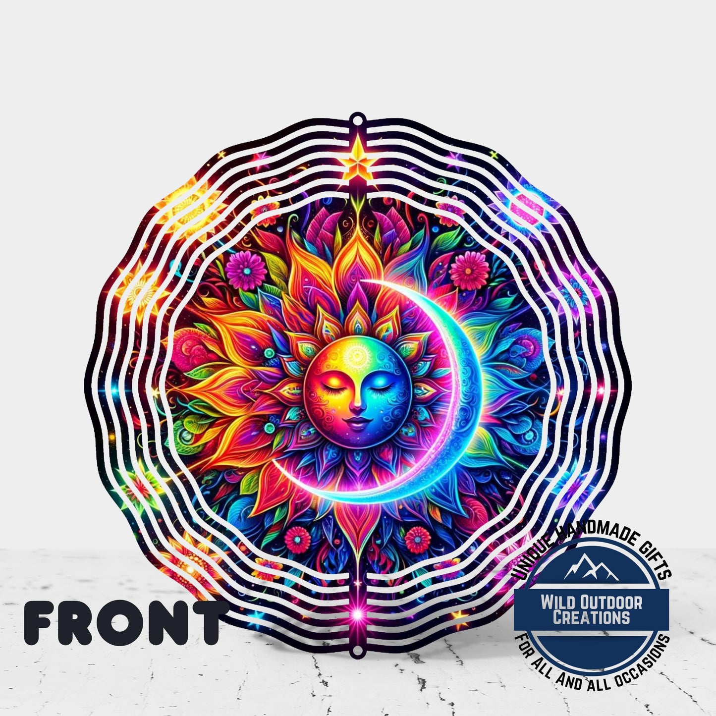 Celestial Wind Spinner - Neon Sun Moon Design | Double Sided Aluminum Spinner - gift presentation view
