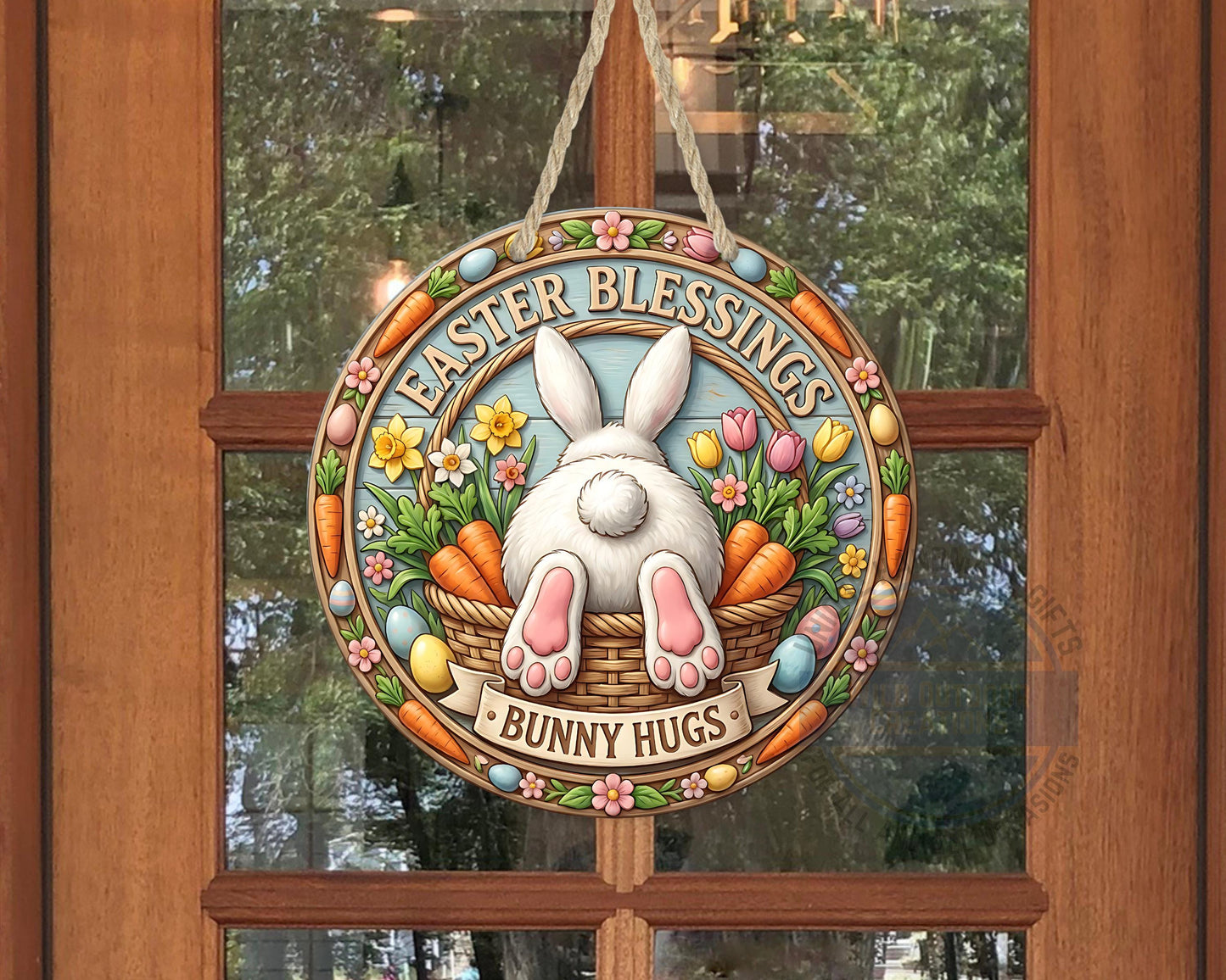 Easter Door Hanger - Round Aluminum Bunny Hugs Sign | Spring Porch Decor - scale and size reference
