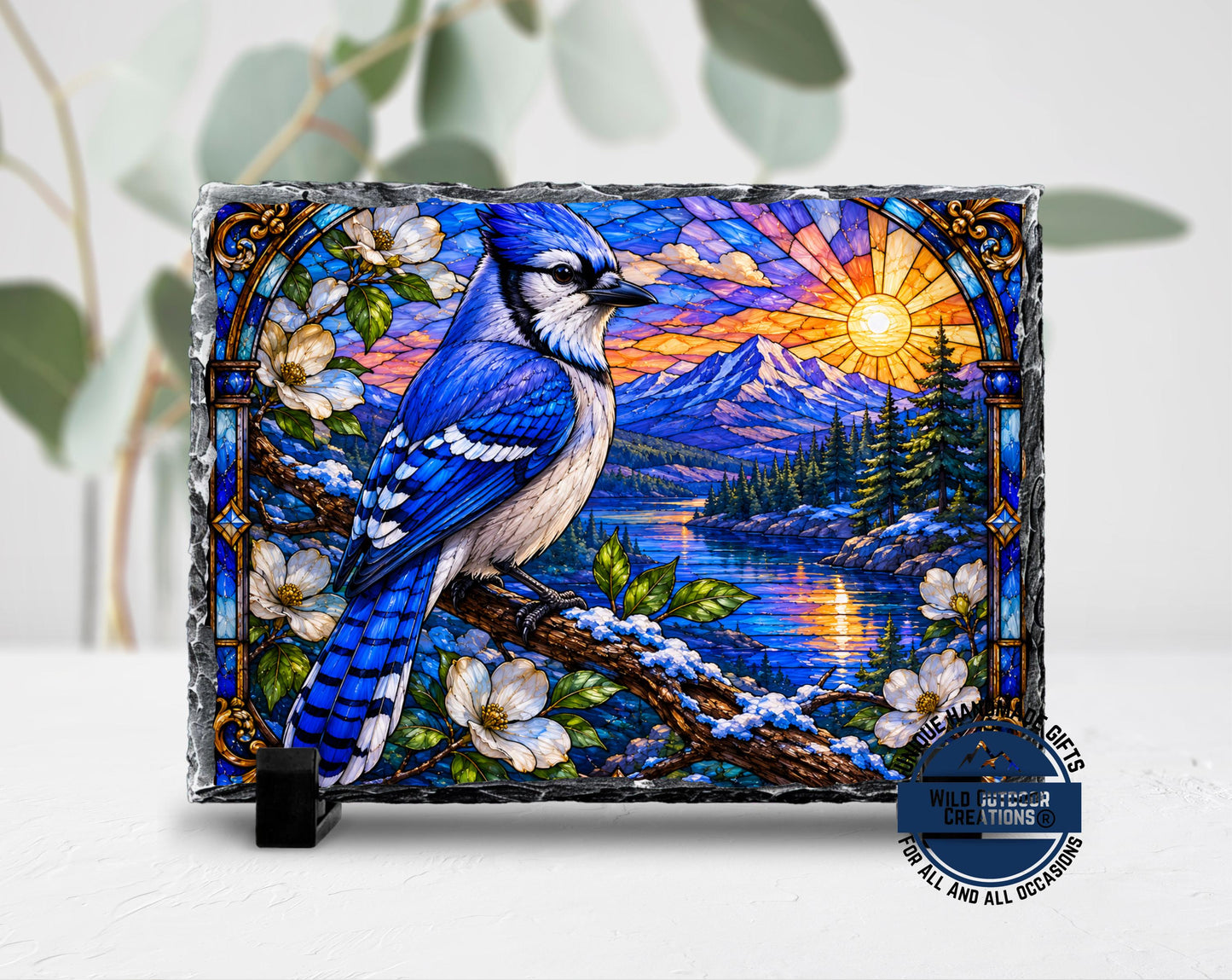 Blue Jay Faux Stained Glass Slate Plaque, Mountain Lake Sunset Bird Decor, Birder Gift