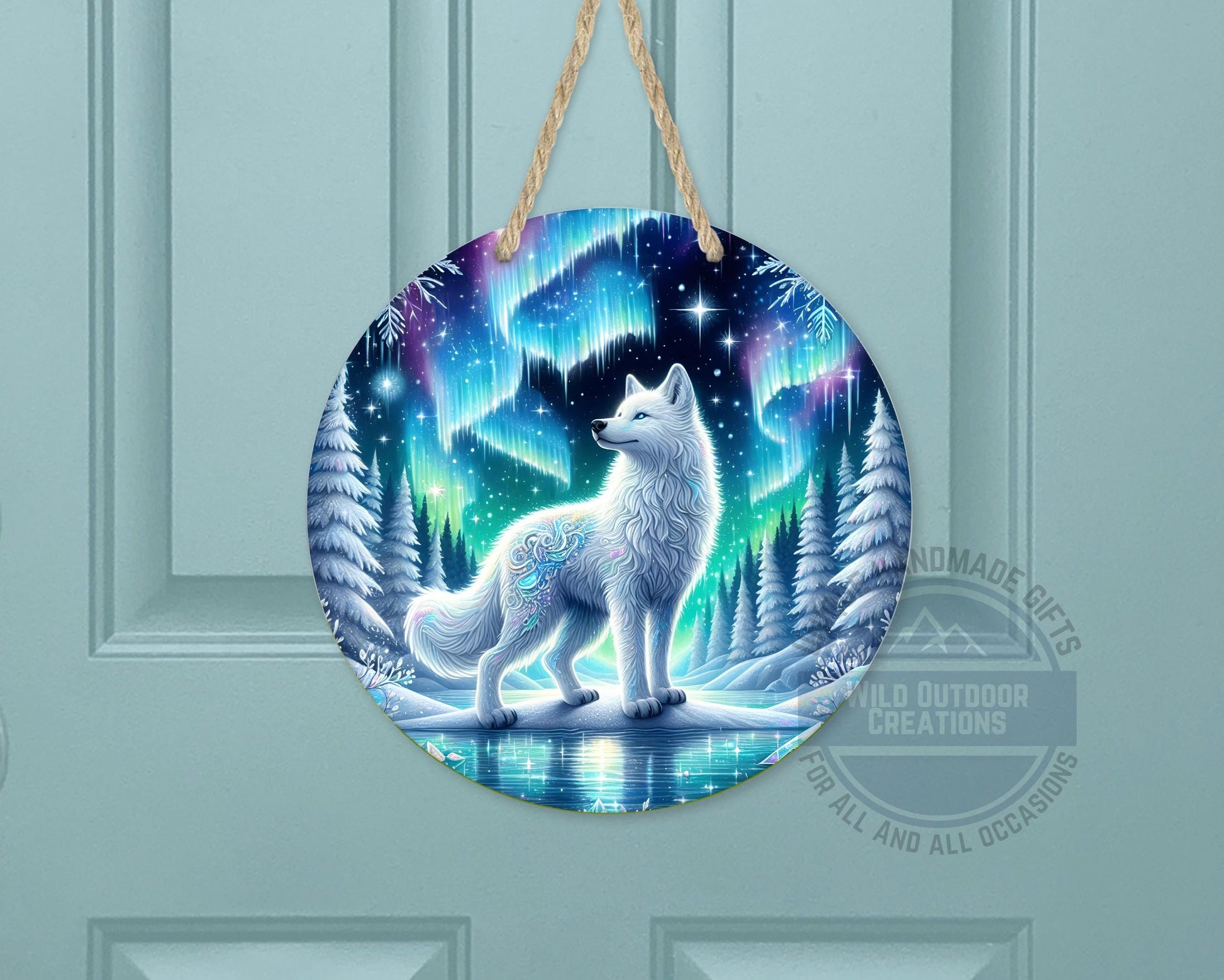 Wolf Door Hanger - Northern Lights Art | Rustic Cabin Sign, Outdoor Decor - additional angle