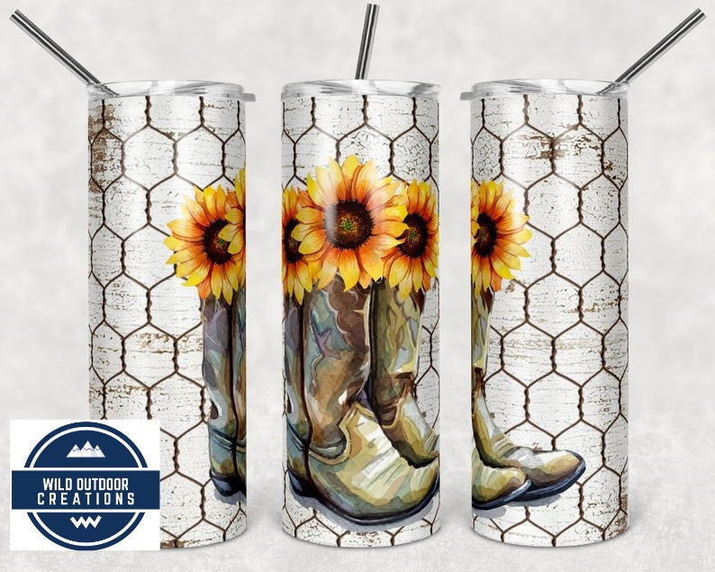 Rustic Sunflower Tumbler, Cowboy Boot Steel, 20 Oz, Lid Straw Cup