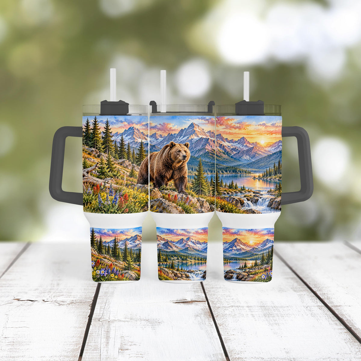 Grizzly Bear Tumbler, 40 Oz With Handle, Mountain Lake Wildlife