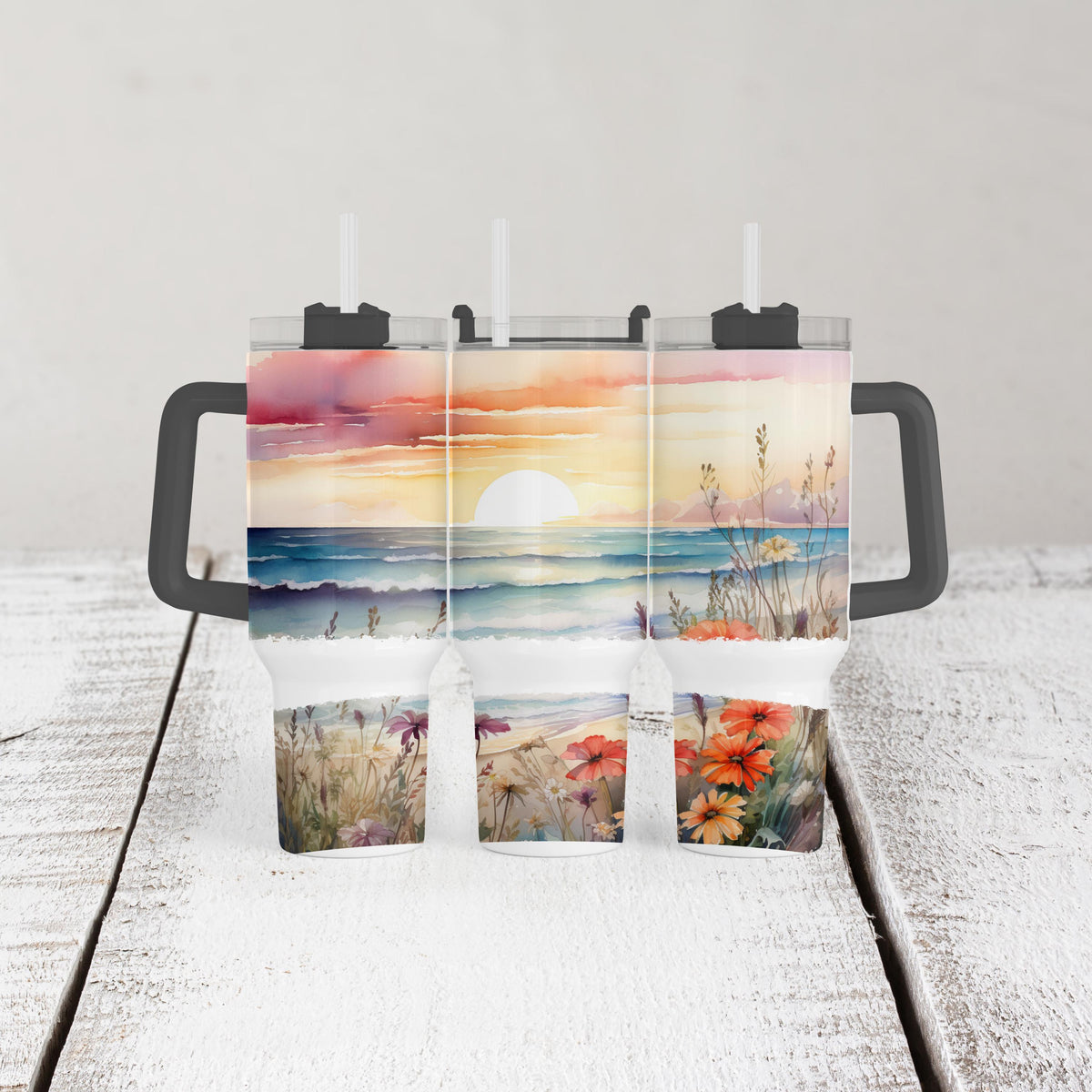Beach Sunset Tumbler, 40 Oz Handle, Ocean Waves, Wildflower Gift