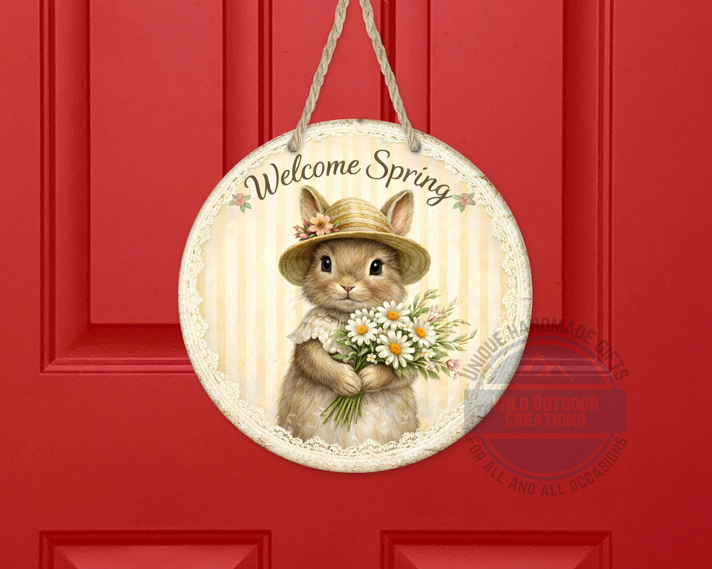 Spring Bunny Door Hanger – Floral Rabbit Wreath with Daisy Bouquet Sign - additional angle