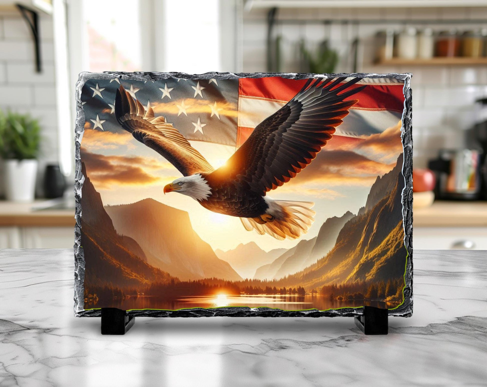 Patriotic Slate Sign - Bald Eagle Decor with American Flag Art, Rustic Slate Sign - scale and size reference