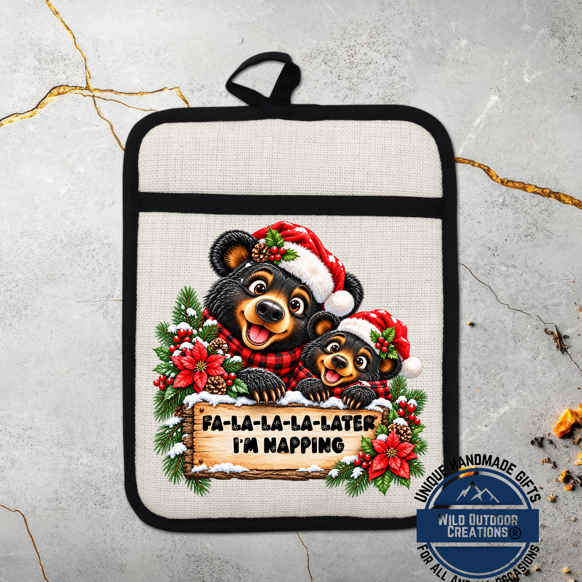 A beaver wearing a Santa hat and scarf is sitting on a wooden sign that says "FALL-LA-LA-LATER I'M NAPPING".