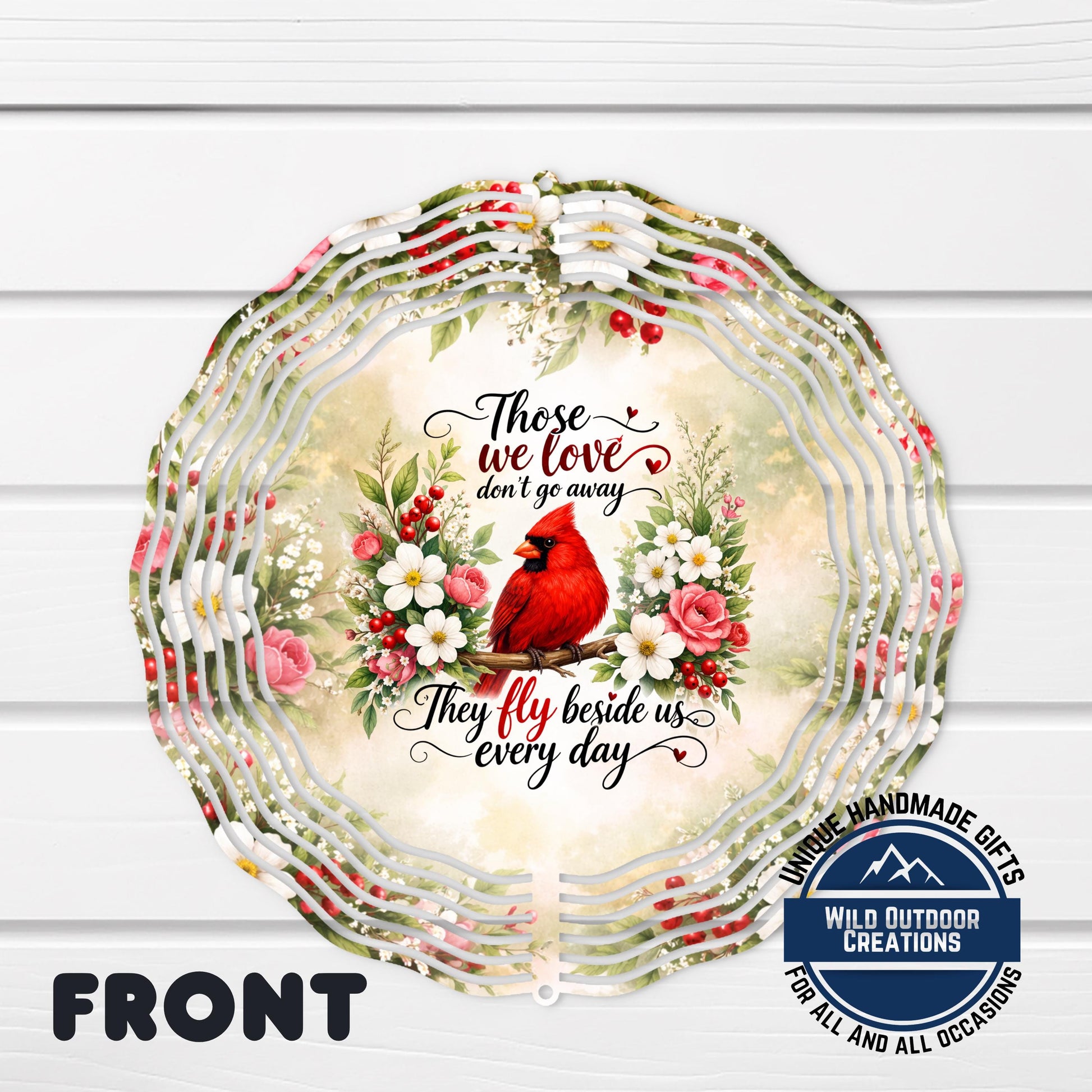 Cardinal Memorial Spinner - Vibrant Red Cardinal Garden Wind Spinner with Dogwood Flowers - lifestyle display