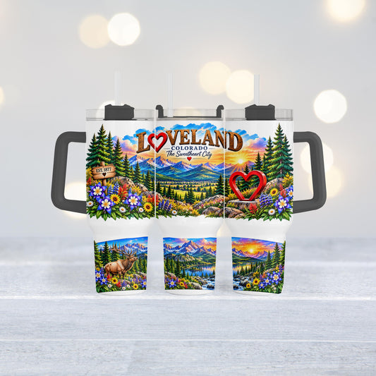 Loveland Colorado Tumbler, 40 Oz With Handle, Sweetheart City Gift