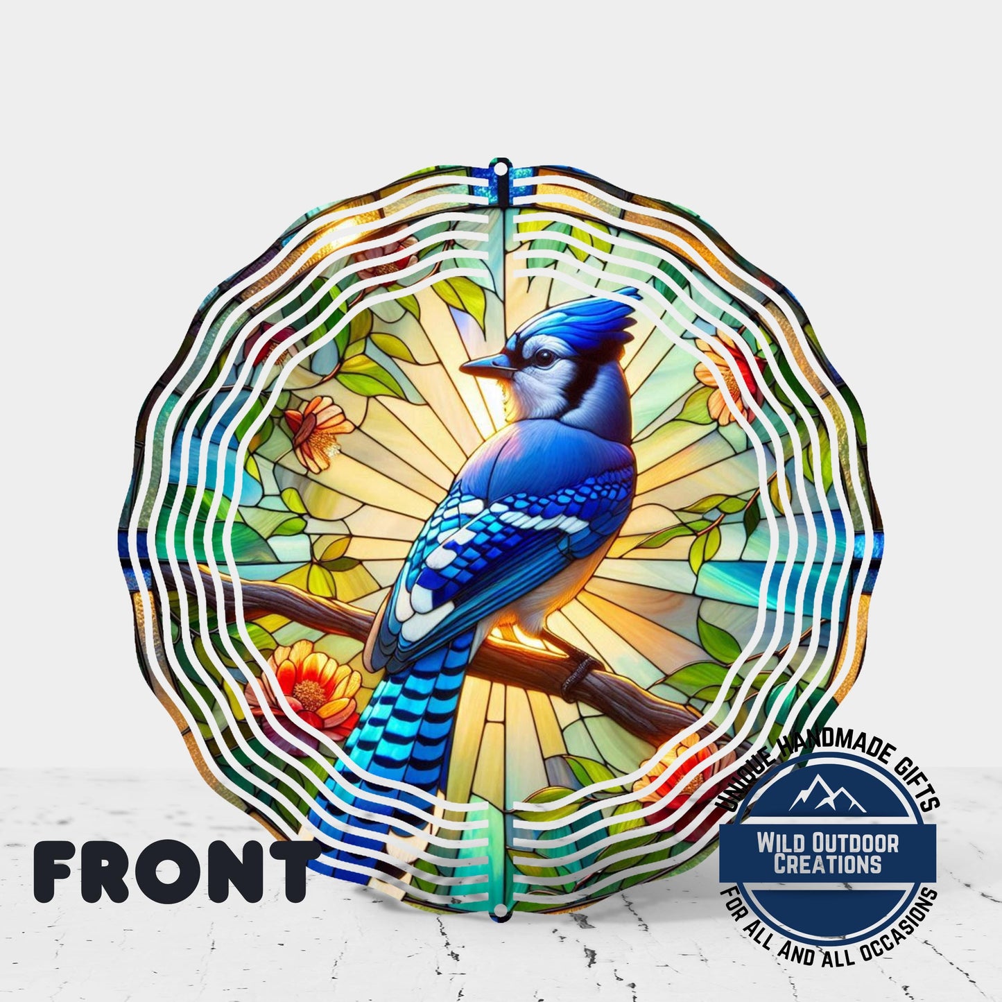 Blue Jay Wind Spinner – 10 Inch Aluminum Garden Spinner with Faux Stained Glass Decor - gift presentation view
