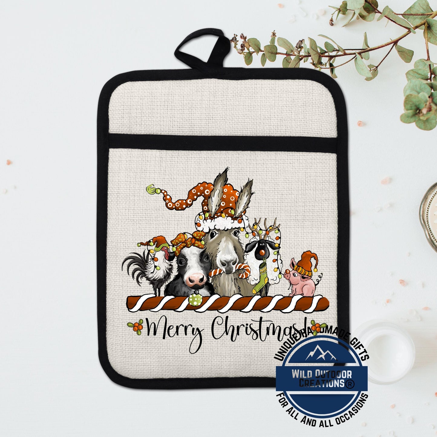 Christmas Farm Animal Pot Holder Linen Hot Pad Donkey Cow Pig Kitchen Gift